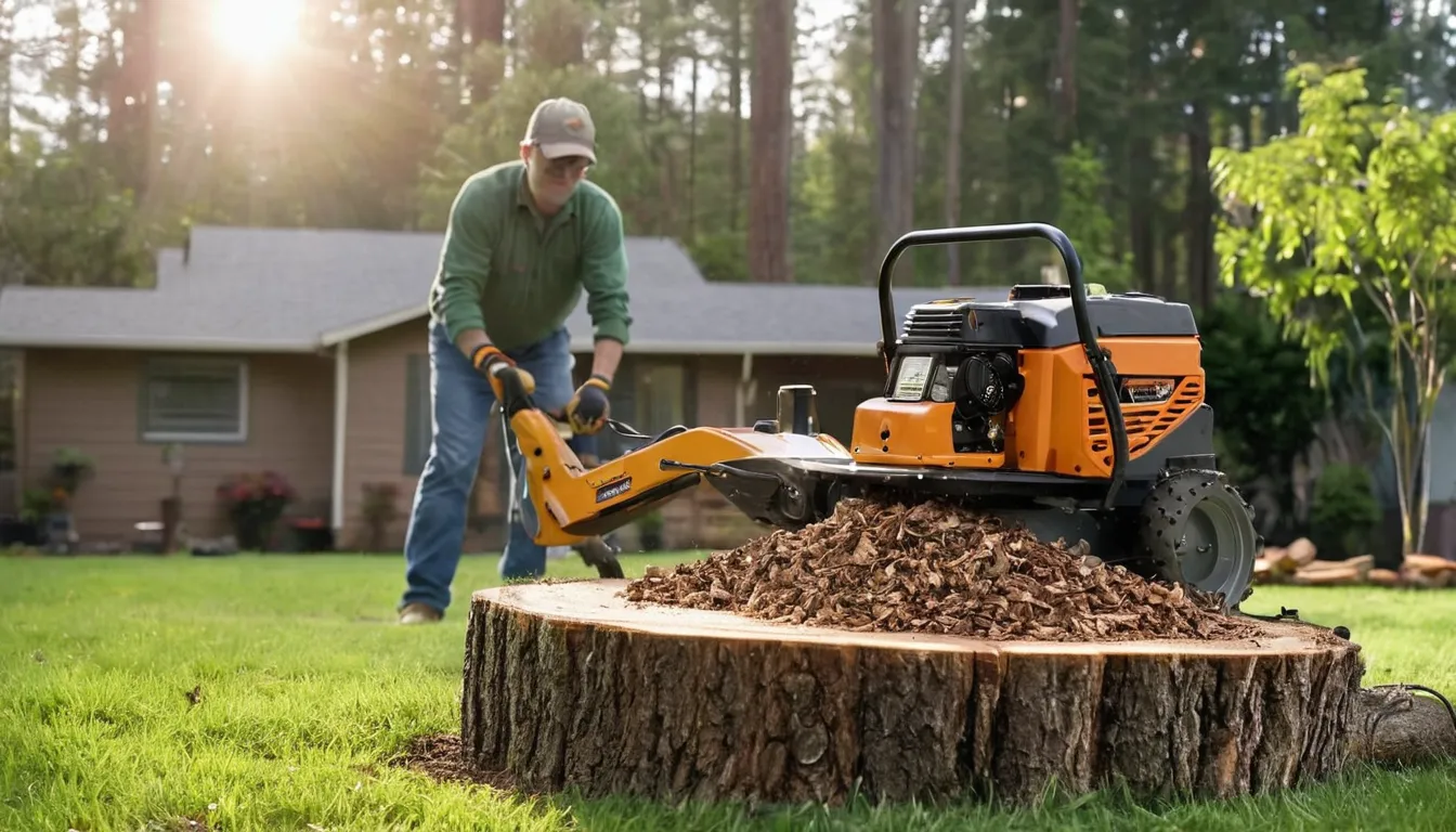 Stump grinder cutting down an old tree stump in a backyard in the Crystal Lake area
