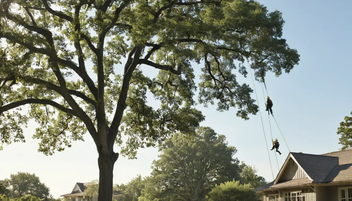 Tree removal provider cutting a large tree in sections beside a house in Crystal Lake